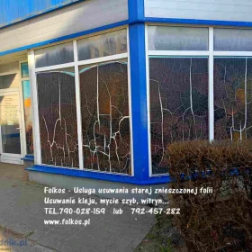 Usługa zrywania usuwania folii z witryn, okien, przeszkleń biurowych- Folkos demontaż folii, naklejek, kleju, mycie szyb Warszawa TEL.790-028-159