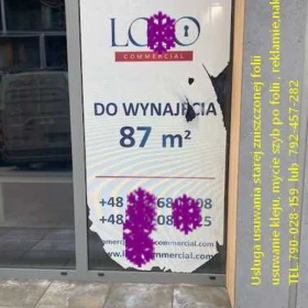 Demontaż folii z witryn Pruszków- usługa zrywania folii, usuwania kleju, mycie szyb Pruszków i okolice -Folkos folie montaż, demontaż